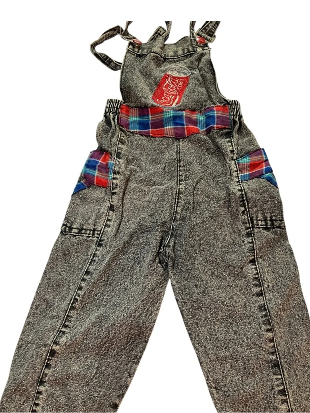 Vintage 80s Coca-Cola Toddler Overalls Acid Wash Plaid 2T - Picture 3 of 13